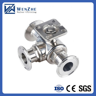 Valve à bille à trois voies en acier inoxydable sanitaire manuel 304/316L à tri-clampe avec plateau de montage élevé