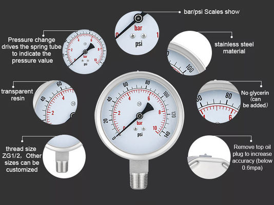 Connexion de fil WZ 100mm 304SS Jauge de pression en acier inoxydable Tête cylindrique Code