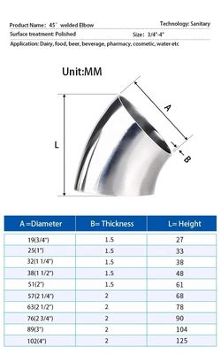 Connexion de soudage sanitaire forgée SS304 316L 45 degrés coude pour l'huile eau gaz lait